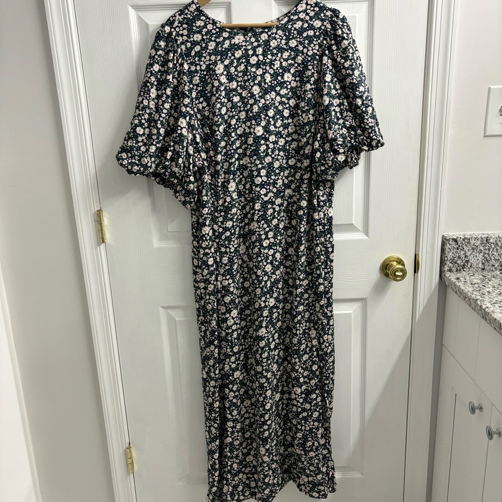 Old Navy Ditsy Floral Midi Dress Puff Sleeve Navy Blue 4X Maxi Long